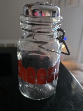 Glass Cheese Jar with Red Lettering and Metal Lid